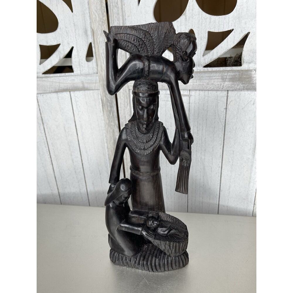 African Statue Ebony Wood Carved Family Of 4 Statue Tanzania 14.5in Mother Baby